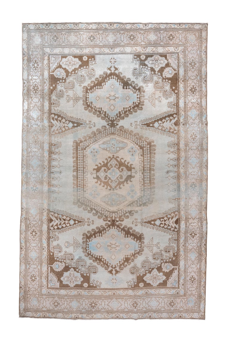 Antique Turkish Veece Rug with Soft Geometric Medallion in Brown and Sky Blue