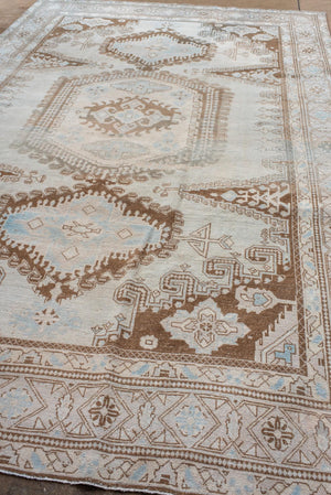 Antique Turkish Veece Rug with Soft Geometric Medallion in Brown and Sky Blue