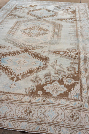 Antique Turkish Veece Rug with Soft Geometric Medallion in Brown and Sky Blue