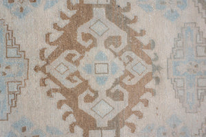 Antique Turkish Veece Rug with Soft Geometric Medallion in Brown and Sky Blue