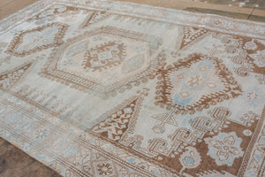 Antique Turkish Veece Rug with Soft Geometric Medallion in Brown and Sky Blue