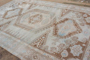 Antique Turkish Veece Rug with Soft Geometric Medallion in Brown and Sky Blue