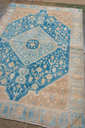 Antique Persian Malayer with Large Sky Blue Medallion and Camel-Tone Corners