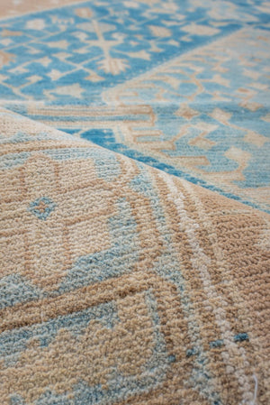 Antique Persian Malayer with Large Sky Blue Medallion and Camel-Tone Corners