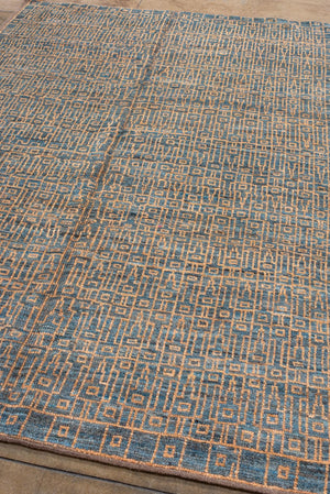 Antique Oushak Rug with Geometric Lattice Design in Blue and Gold, Circa 1920's