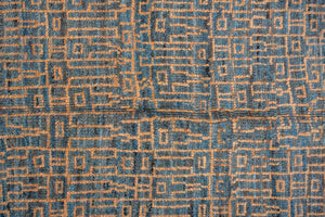 Antique Oushak Rug with Geometric Lattice Design in Blue and Gold, Circa 1920's
