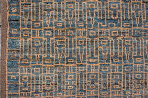 Antique Oushak Rug with Geometric Lattice Design in Blue and Gold, Circa 1920's
