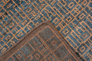 Antique Oushak Rug with Geometric Lattice Design in Blue and Gold, Circa 1920's