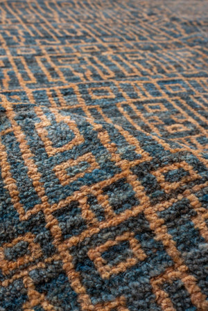 Antique Oushak Rug with Geometric Lattice Design in Blue and Gold, Circa 1920's