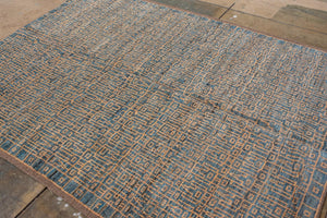 Antique Oushak Rug with Geometric Lattice Design in Blue and Gold, Circa 1920's