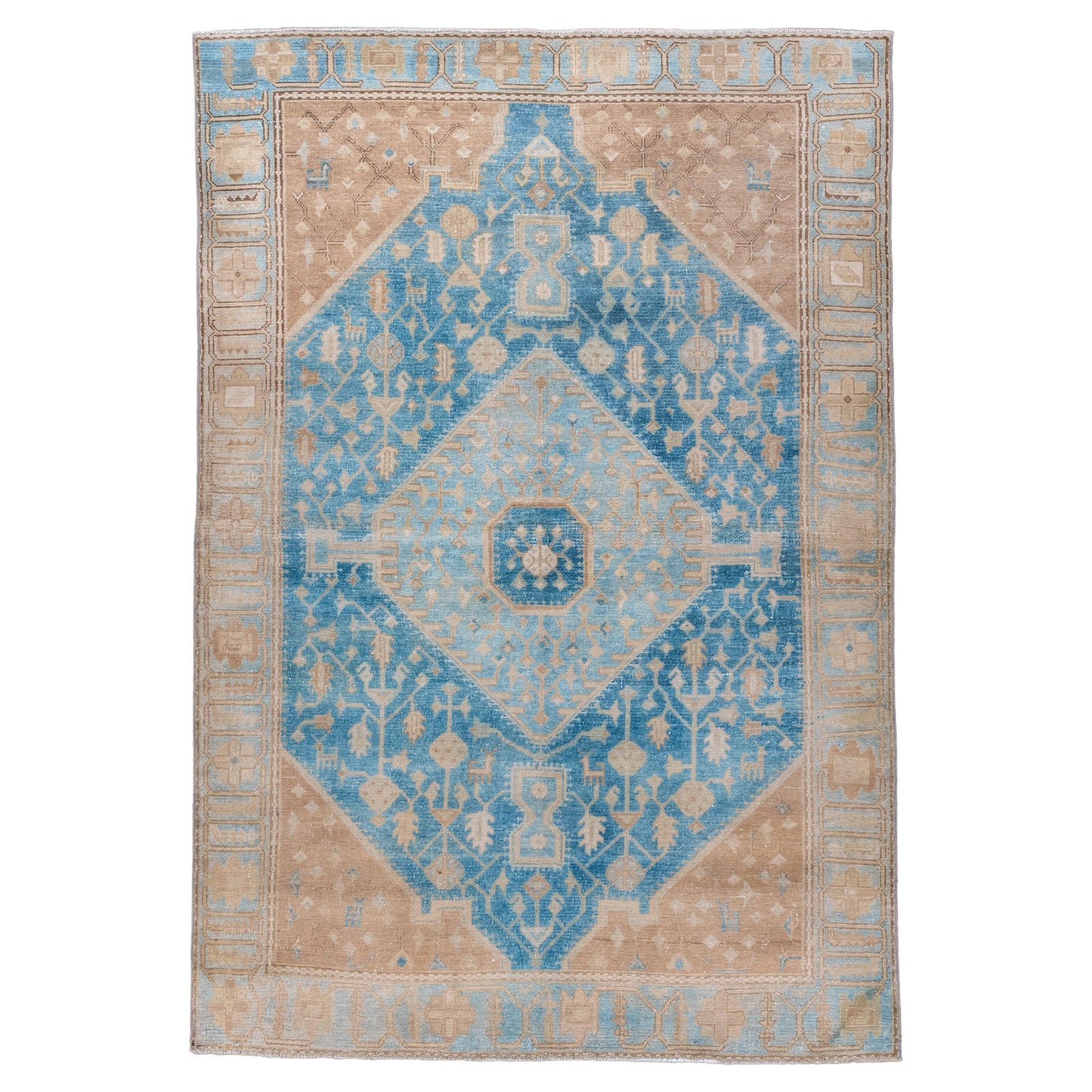 Antique Persian Malayer with Large Sky Blue Medallion and Camel-Tone Corners