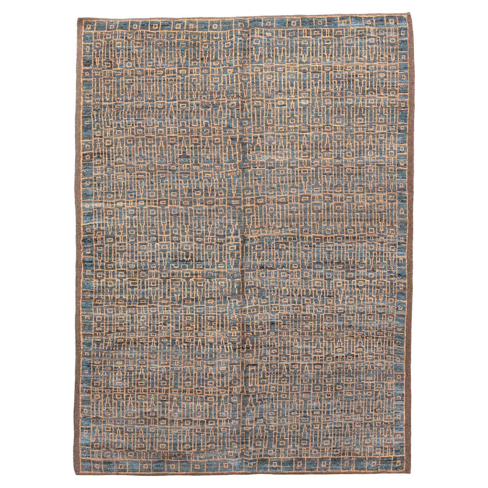 Antique Oushak Rug with Geometric Lattice Design in Blue and Gold, Circa 1920's