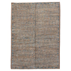 Antique Oushak Rug with Geometric Lattice Design in Blue and Gold, Circa 1920's