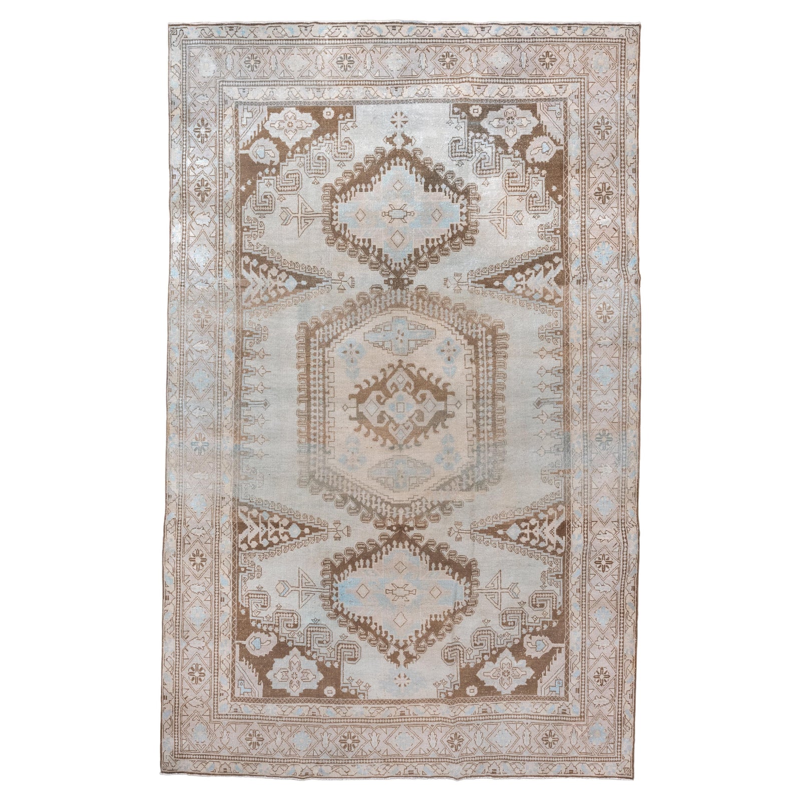 Antique Turkish Veece Rug with Soft Geometric Medallion in Brown and Sky Blue