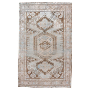 Antique Turkish Veece Rug with Soft Geometric Medallion in Brown and Sky Blue